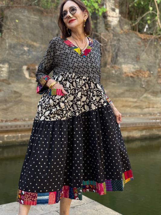 Black and white asymmetrical Ajrakh dress