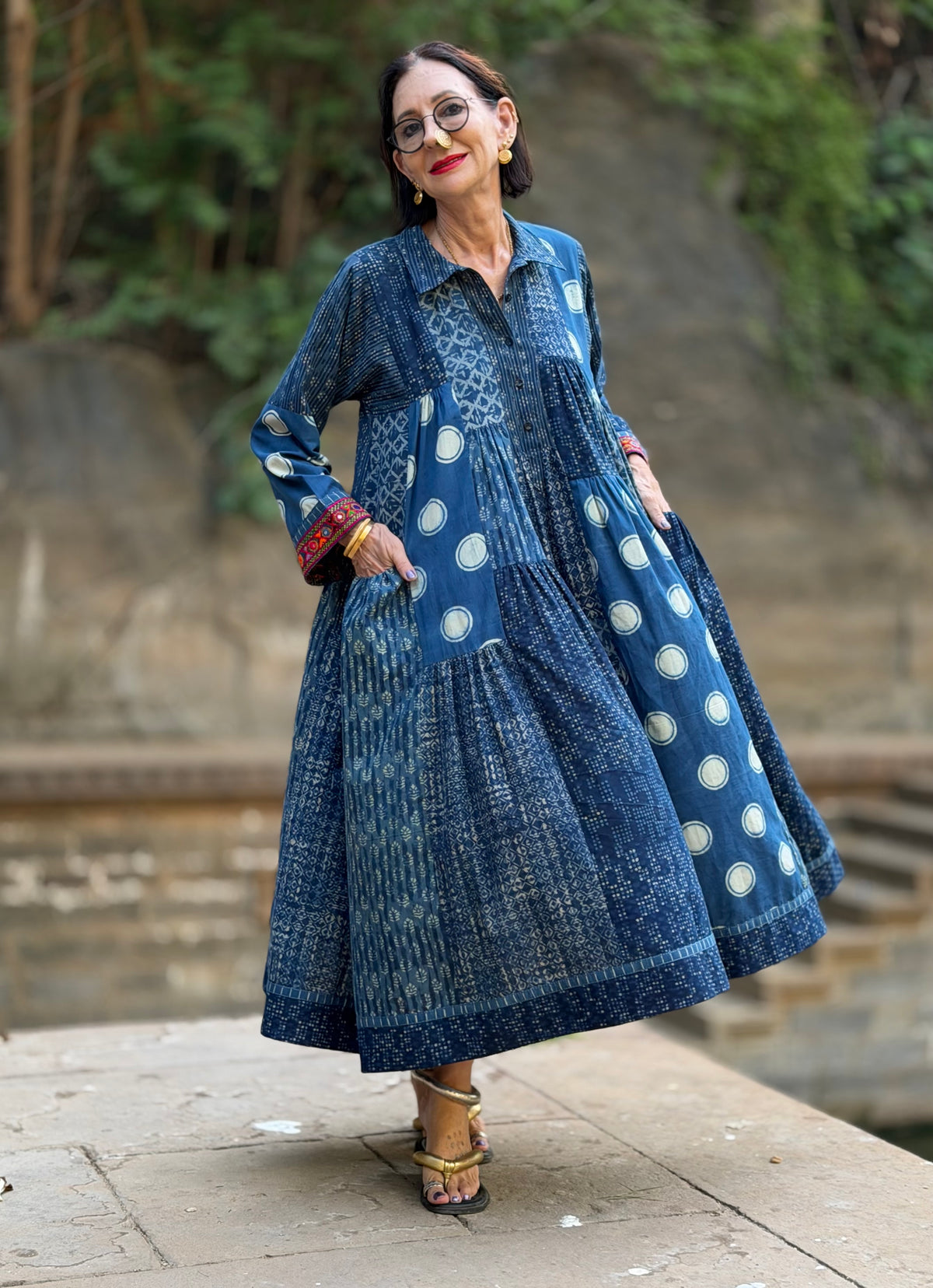 Madame Hall Indigo Blue Polka Dot Hand-Embroidered Patchwork Dress