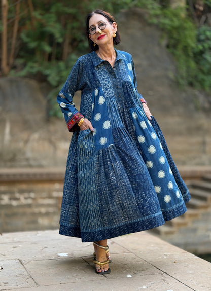 Madame Hall Indigo Blue Polka Dot Hand-Embroidered Patchwork Dress