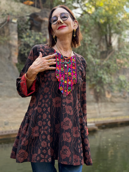 Ajrakh Cotton tunic with Indian mirror embroidery