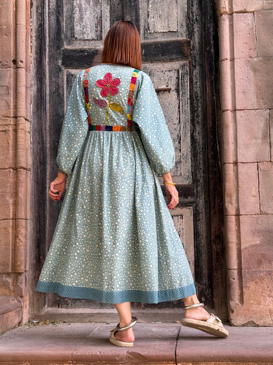 Handcrafted Ajrakh Block Print Dress with Appliqué Details