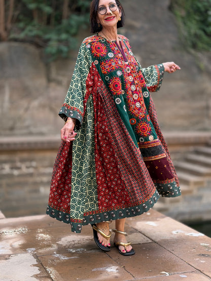 XXL Madame Hall 1-of-1 Green Artwear Dress with Rare Heritage Kutch Embroidered Yoke