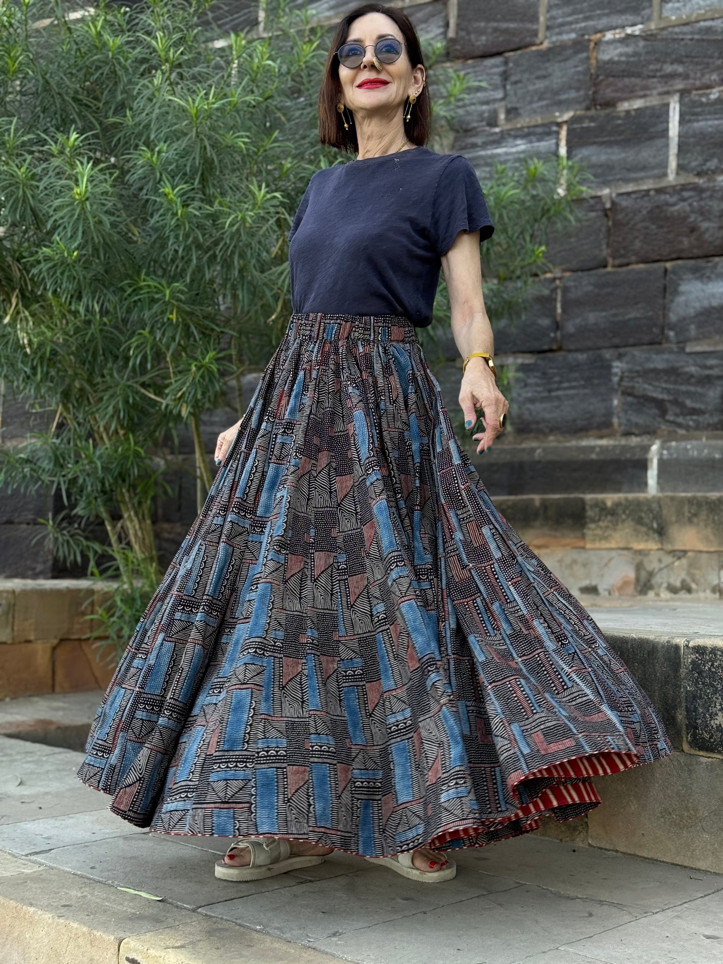 Abstract Indigo Midi Skirt Block from  Hand Printed Cotton. Perfect Twirl Skirt