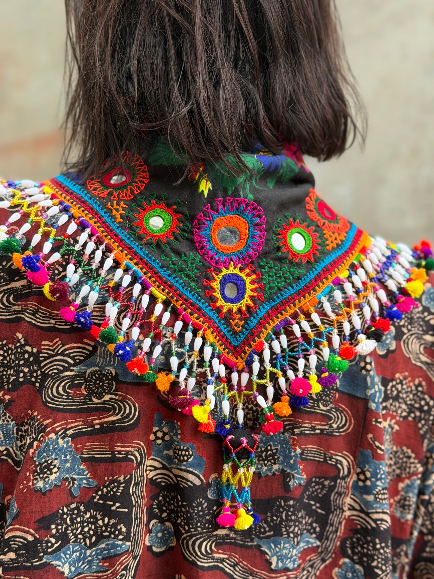 Hand embroidered scarf with beadwork and colorful tassels