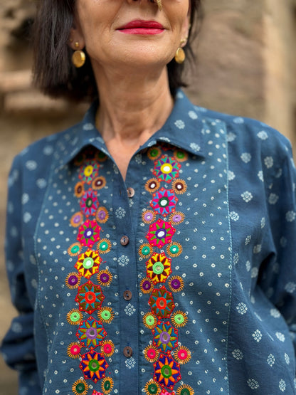 Pretty Hand Embroidered Shirt in Indigo Blue