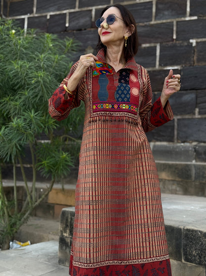Handcrafted Red Kurta with Vintage Beads & Patchwork