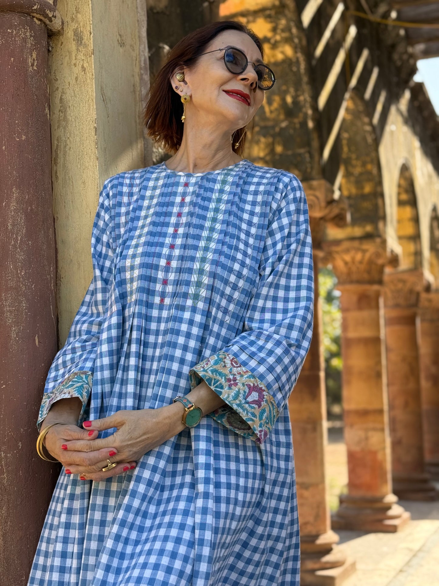 Blue Check Khadi Cotton Dress