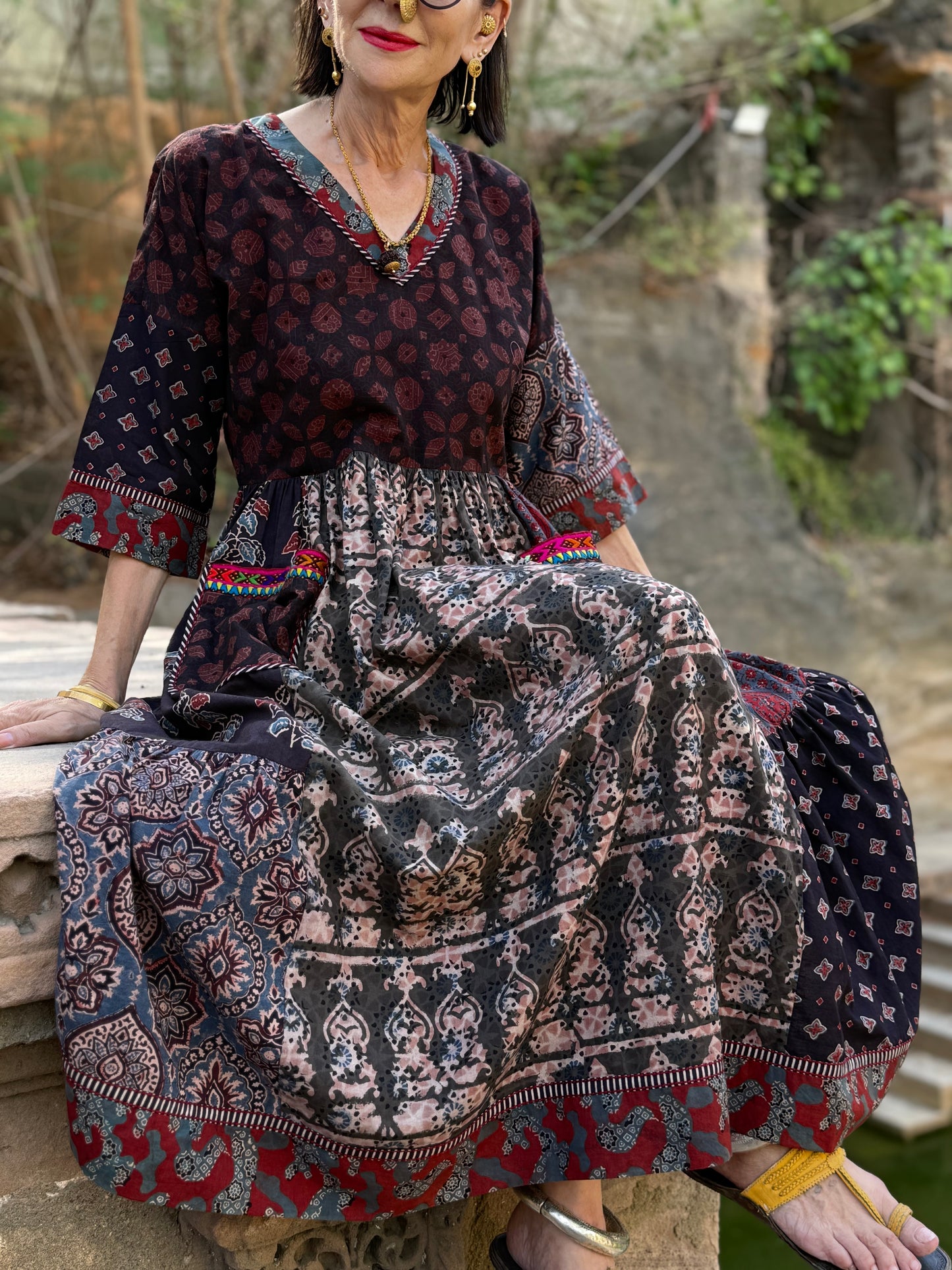 Pattern mix dress of Ajrakh artistry