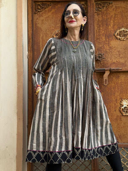Ajrakh Stripe Cotton Dress with Colorful Embroidered Cuffs & Tucked Bodice
