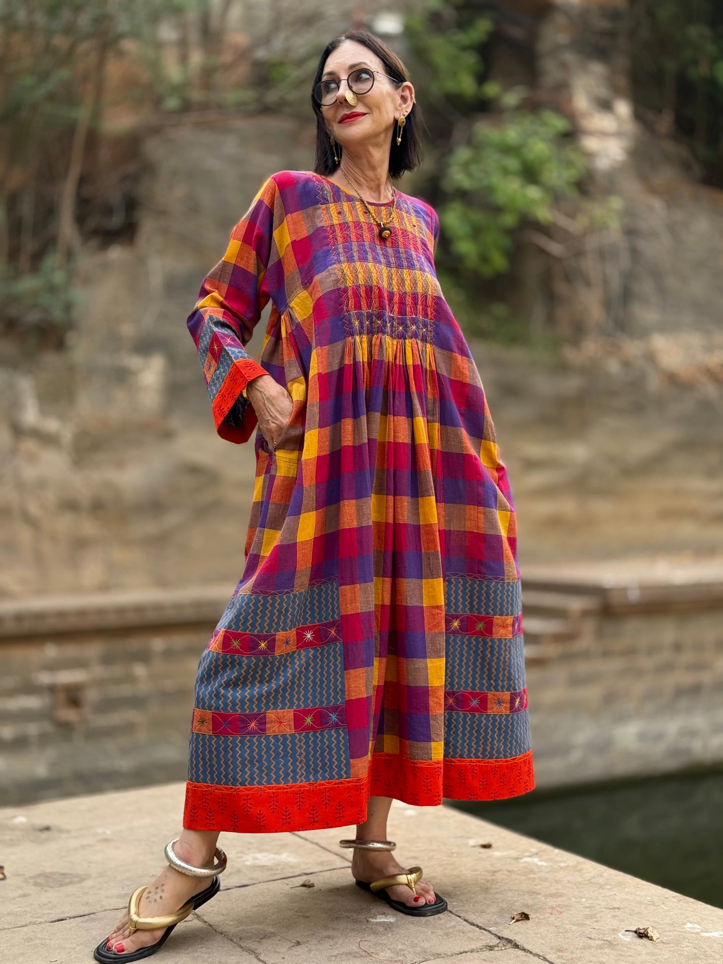 Check cotton dress with designer patchwork and smocked embroidery bodice.