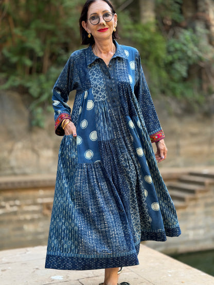 Madame Hall Indigo Blue Polka Dot Hand-Embroidered Patchwork Dress