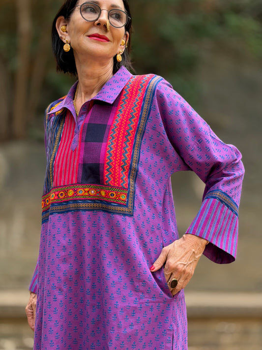 Vibrant Block-Print Patchwork Kurta with Kutch Embroidery & Mirrors
