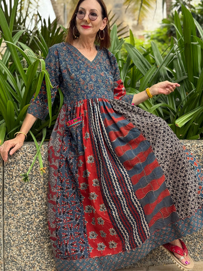 Indigo & Red Ajrakh Maxi Dress with Hand Embroidered Pockets