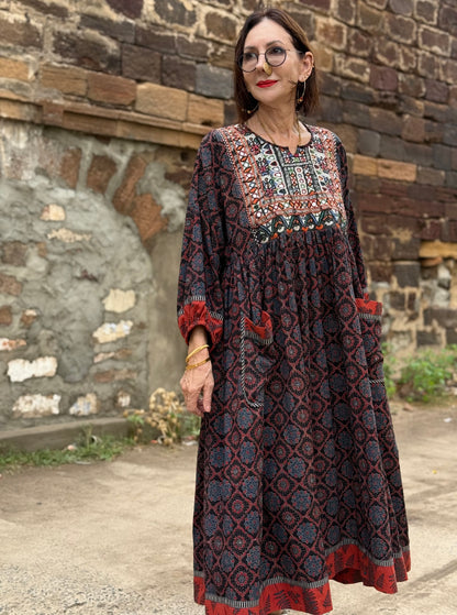 Dark indigo Ajrakh dress with fine Kutch hand embroidery