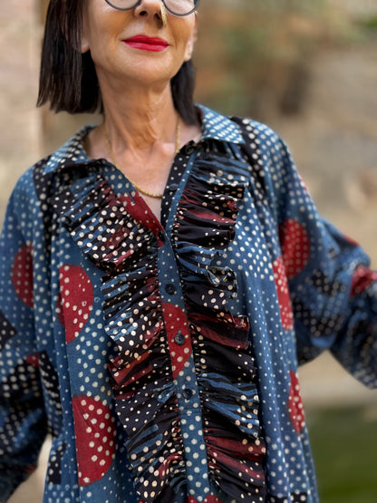 Modernist Indigo Ajrakh Cotton Shirtdress