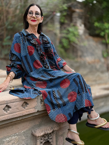 Modernist Indigo Ajrakh Cotton Shirtdress