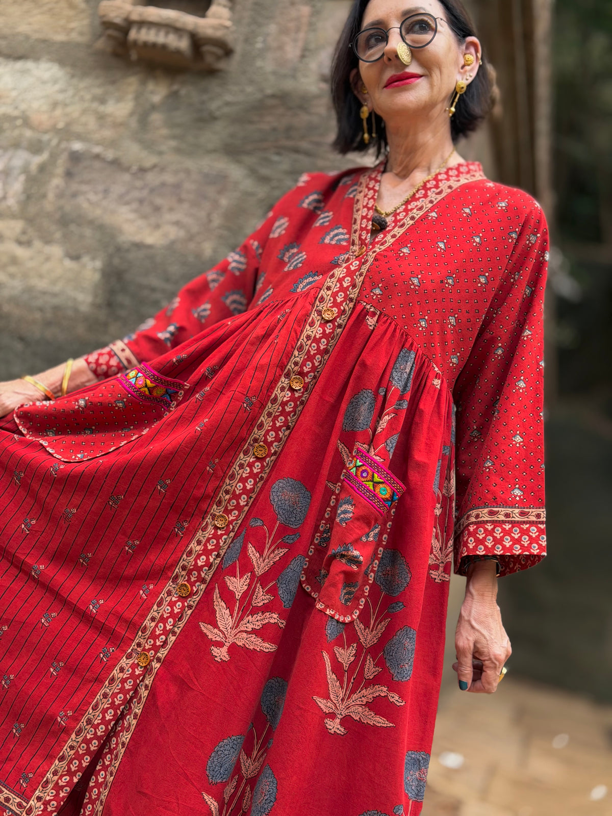 Limited Edition Ajrakh Floral Cotton Resort Dress with Kutch Embroidery