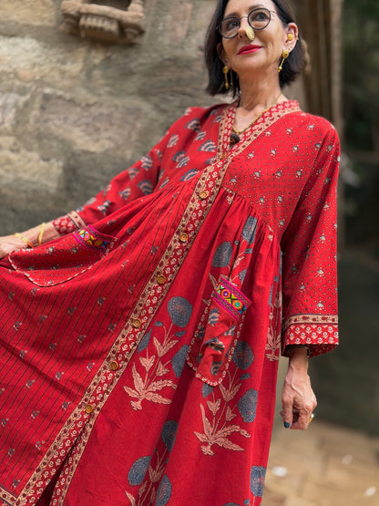 Limited Edition Ajrakh Floral Cotton Resort Dress with Kutch Embroidery
