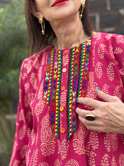Pink Paisley Tunic with Colorful Hand Embroidery