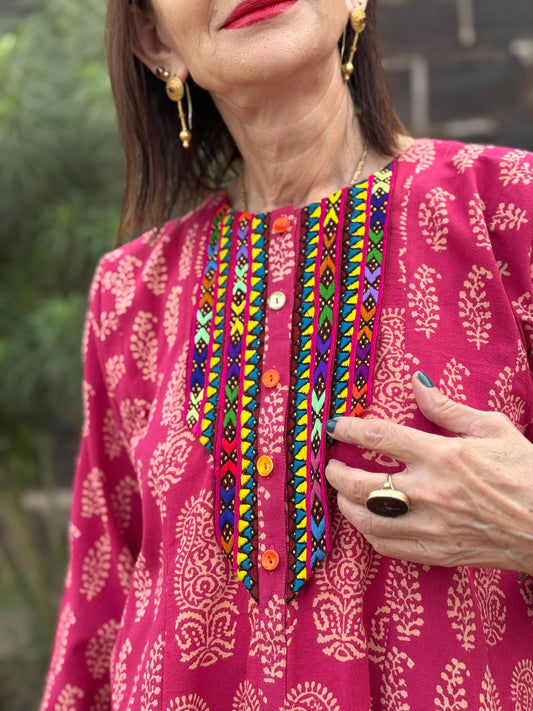 Pink Paisley Tunic with Colorful Hand Embroidery