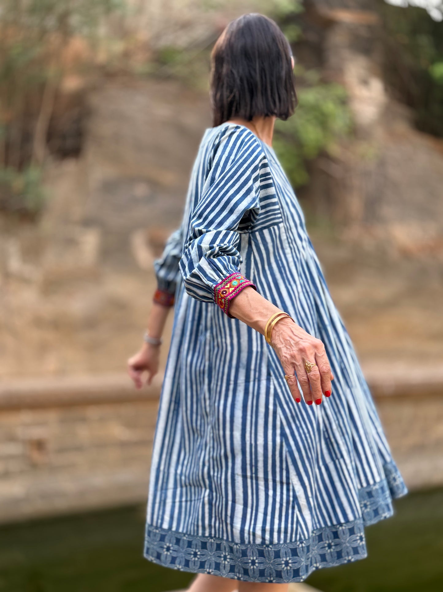 Indigo Blue Striped Cotton Dress With Hand Embroidery