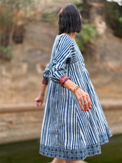 Indigo Blue Striped Cotton Dress With Hand Embroidery