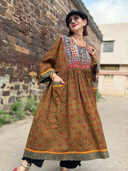 Collector’s Edition: Hand Block-Printed Boho Dress with Fine Kutch Embroidery