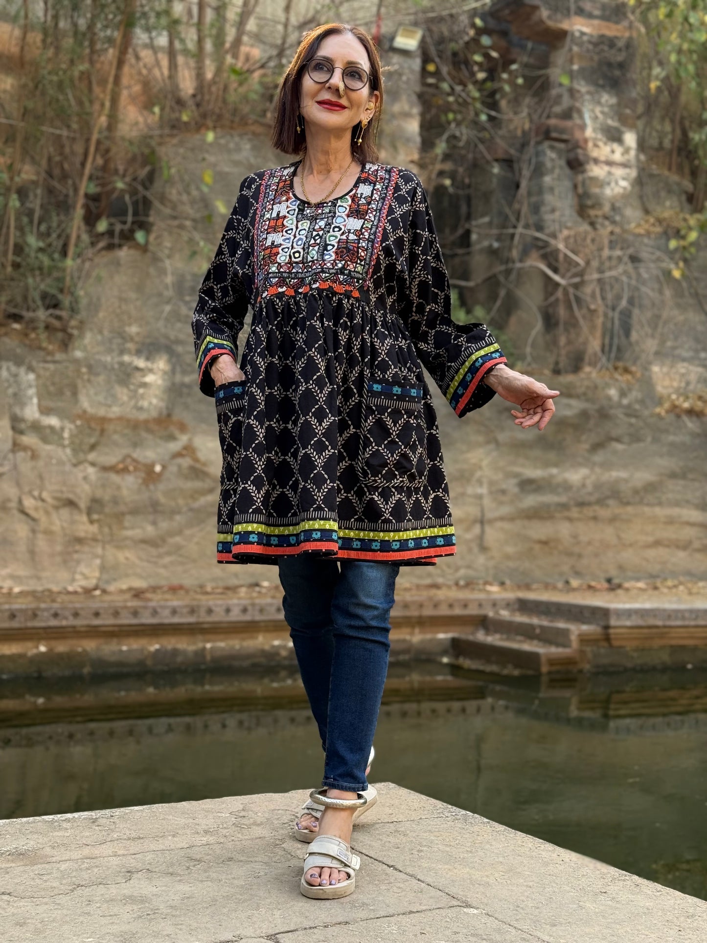 Black Cotton Kutch Embroidery Tunic