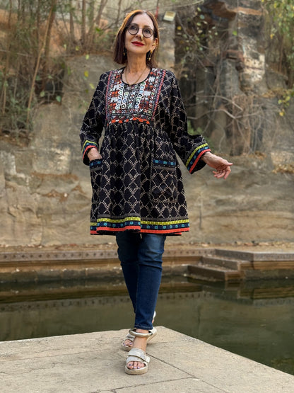 Black Cotton Kutch Embroidery Tunic
