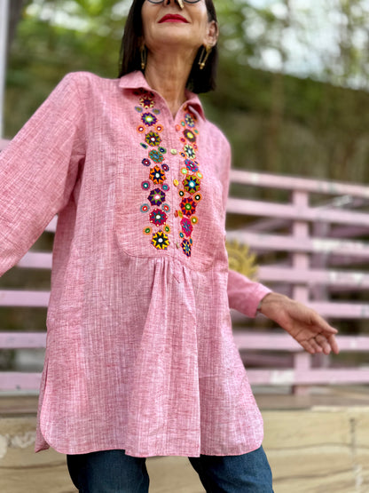 Khadi Cotton Pink Embroidery Shirt