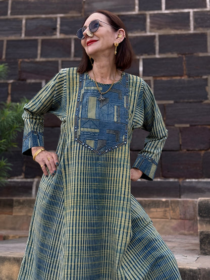 Indigo Ajrakh Flared Kurta Dress