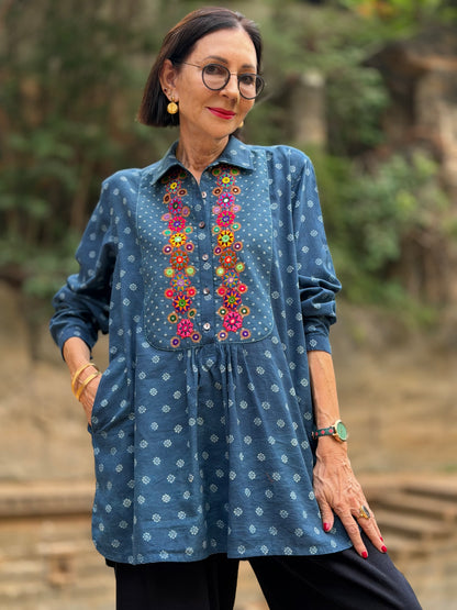 Pretty Hand Embroidered Shirt in Indigo Blue