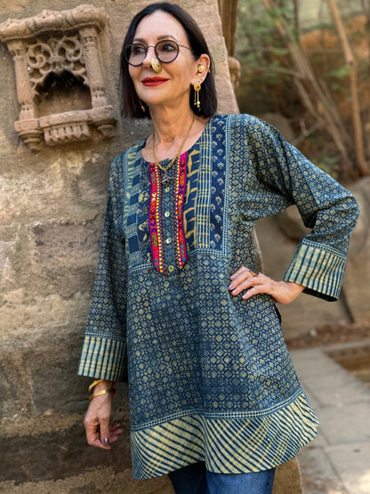 Hand Embroidered Indigo Cotton Tunic