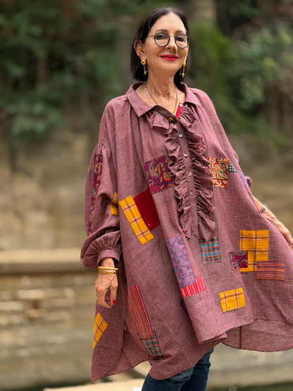 Limited Edition Bohemian Patchwork Handwoven Muslin-Cotton Ruffled Shirt