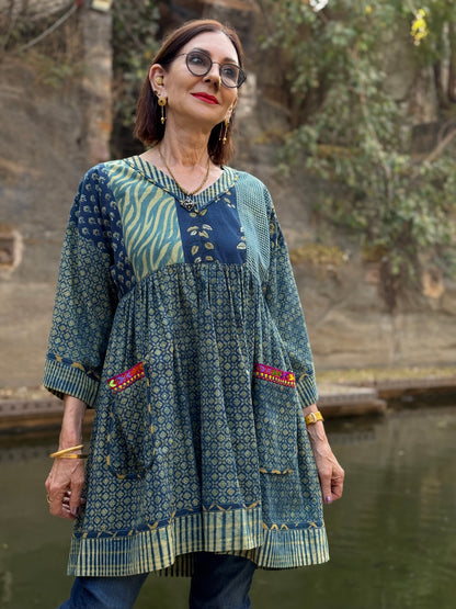 Indigo Ajrakh Tunic With Kutch Embroidery