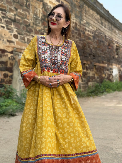Hand Printed Organic Cotton Dress with Vintage Kutch Embroidery – Yellow Boho Midi Dress with Pockets