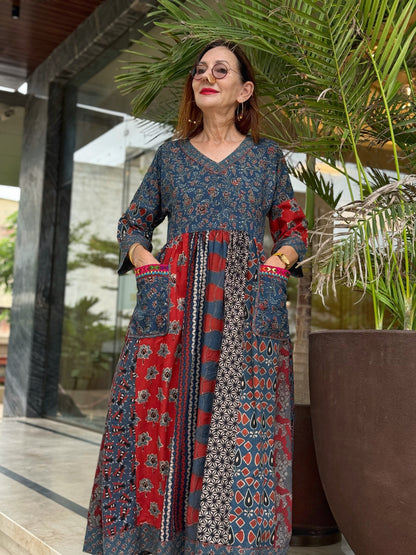Indigo & Red Ajrakh Maxi Dress with Hand Embroidered Pockets