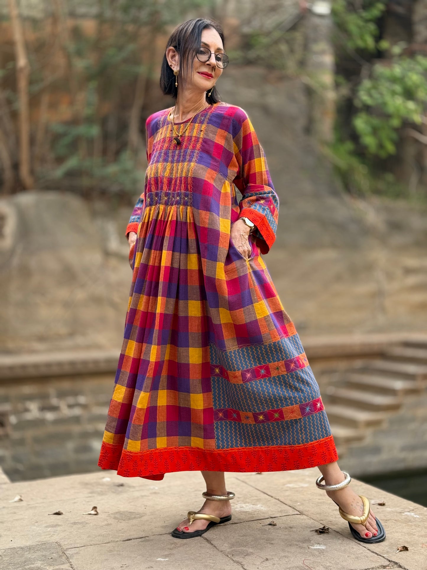 Check cotton dress with designer patchwork and smocked embroidery bodice.