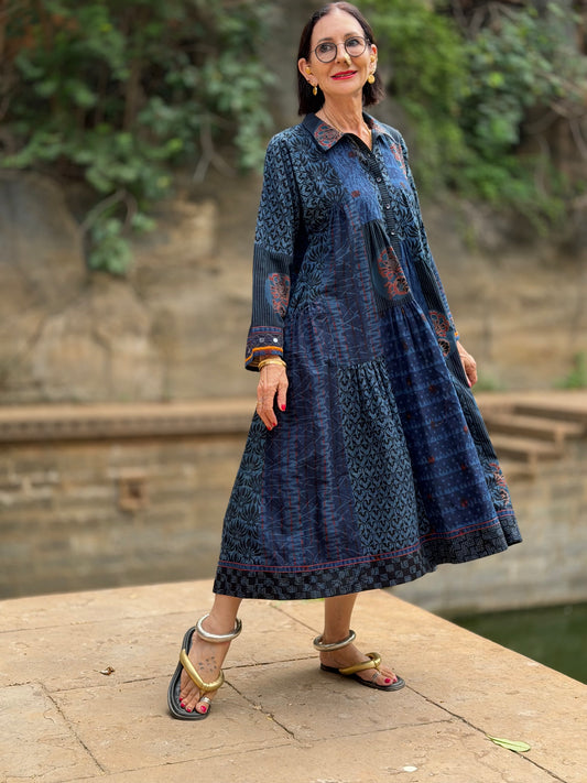 Madame Hall Artisan Indigo Ajrakh Patchwork Tiered A-Line Dress