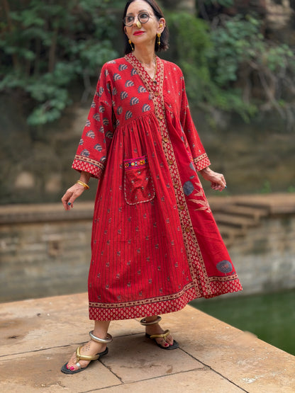 Limited Edition Ajrakh Floral Cotton Resort Dress with Kutch Embroidery