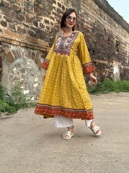 Hand Printed Organic Cotton Dress with Vintage Kutch Embroidery – Yellow Boho Midi Dress with Pockets