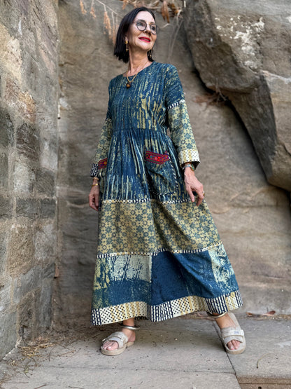 Arty cotton dress in hand printed indigo
