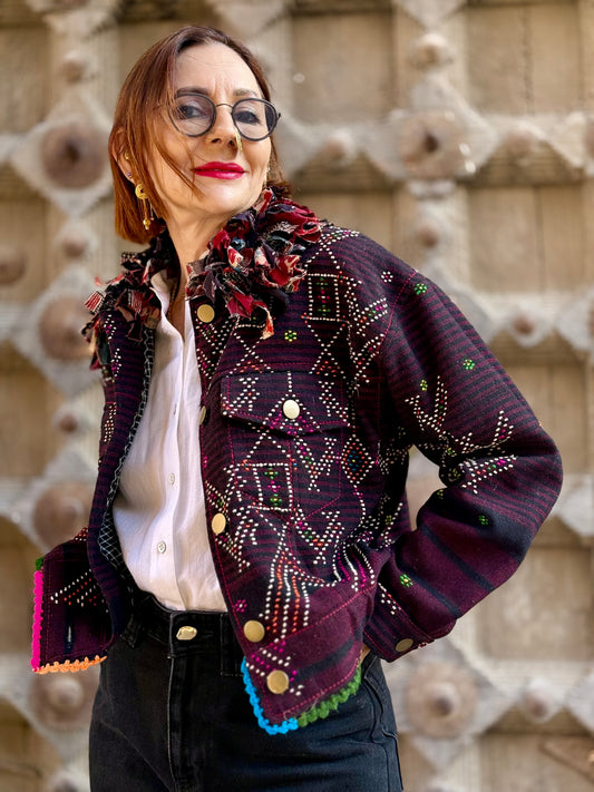 Tangaliya Bomber Jacket. Unique art wear from India, hand woven, contemporary style