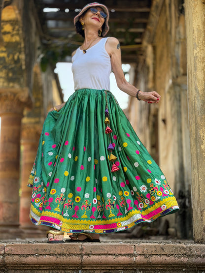 Vintage Emerald Green Hand-Embroidered Silk Navratri Midi Skirt