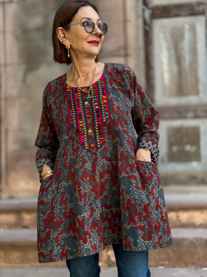 Cotton Ajrakh Tunic with Colorful Embroidery