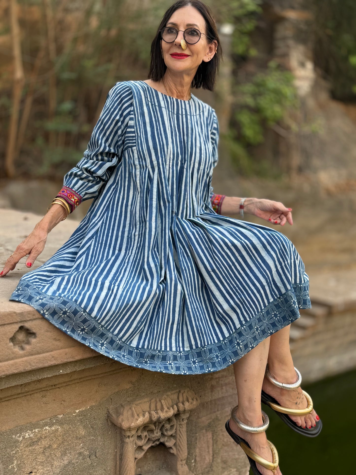 Indigo Blue Striped Cotton Dress With Hand Embroidery