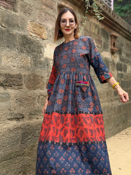 Indigo and Red Cotton Ajrakh Dress