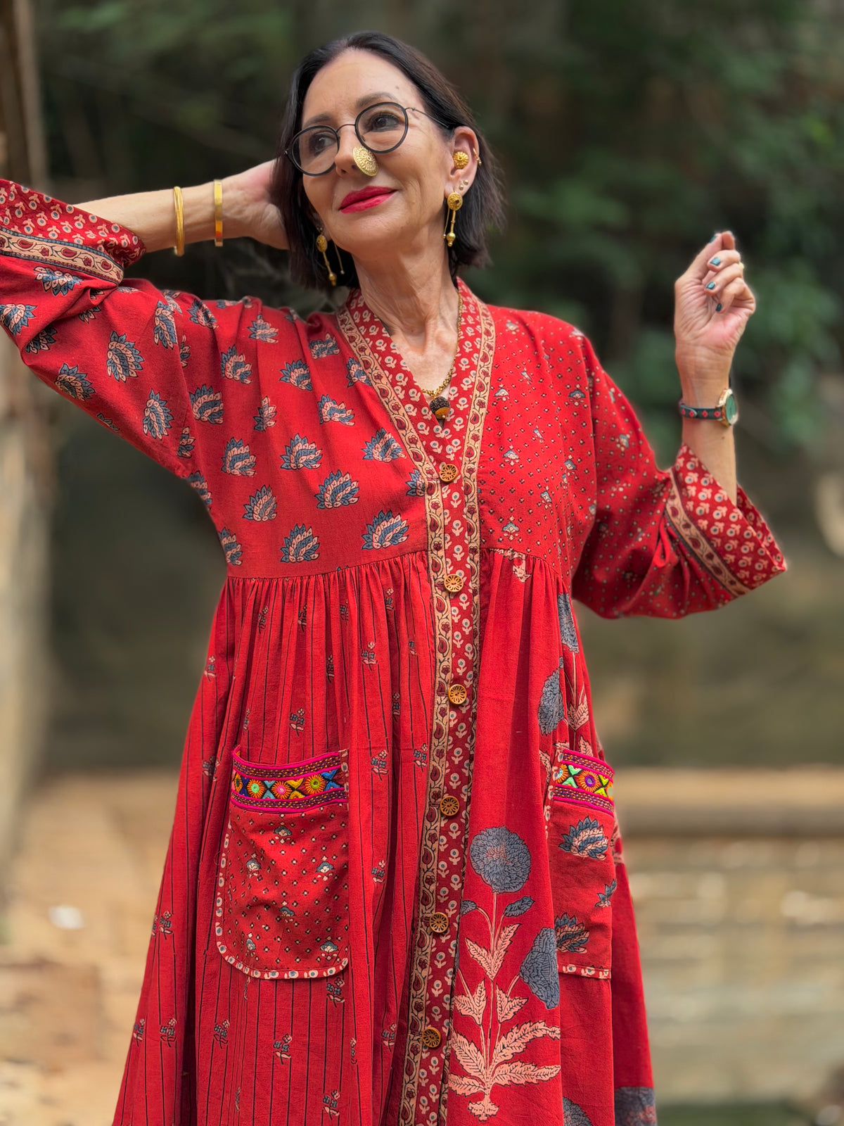 Limited Edition Ajrakh Floral Cotton Resort Dress with Kutch Embroidery