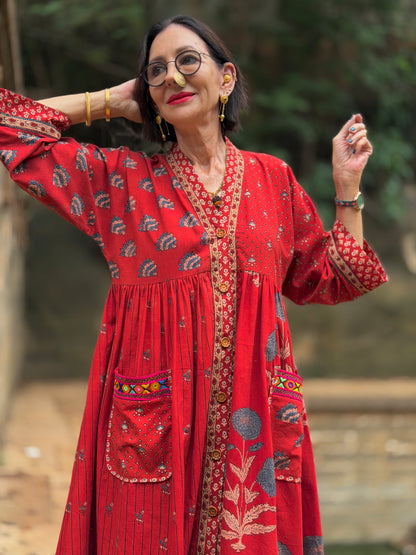 Limited Edition Ajrakh Floral Cotton Resort Dress with Kutch Embroidery
