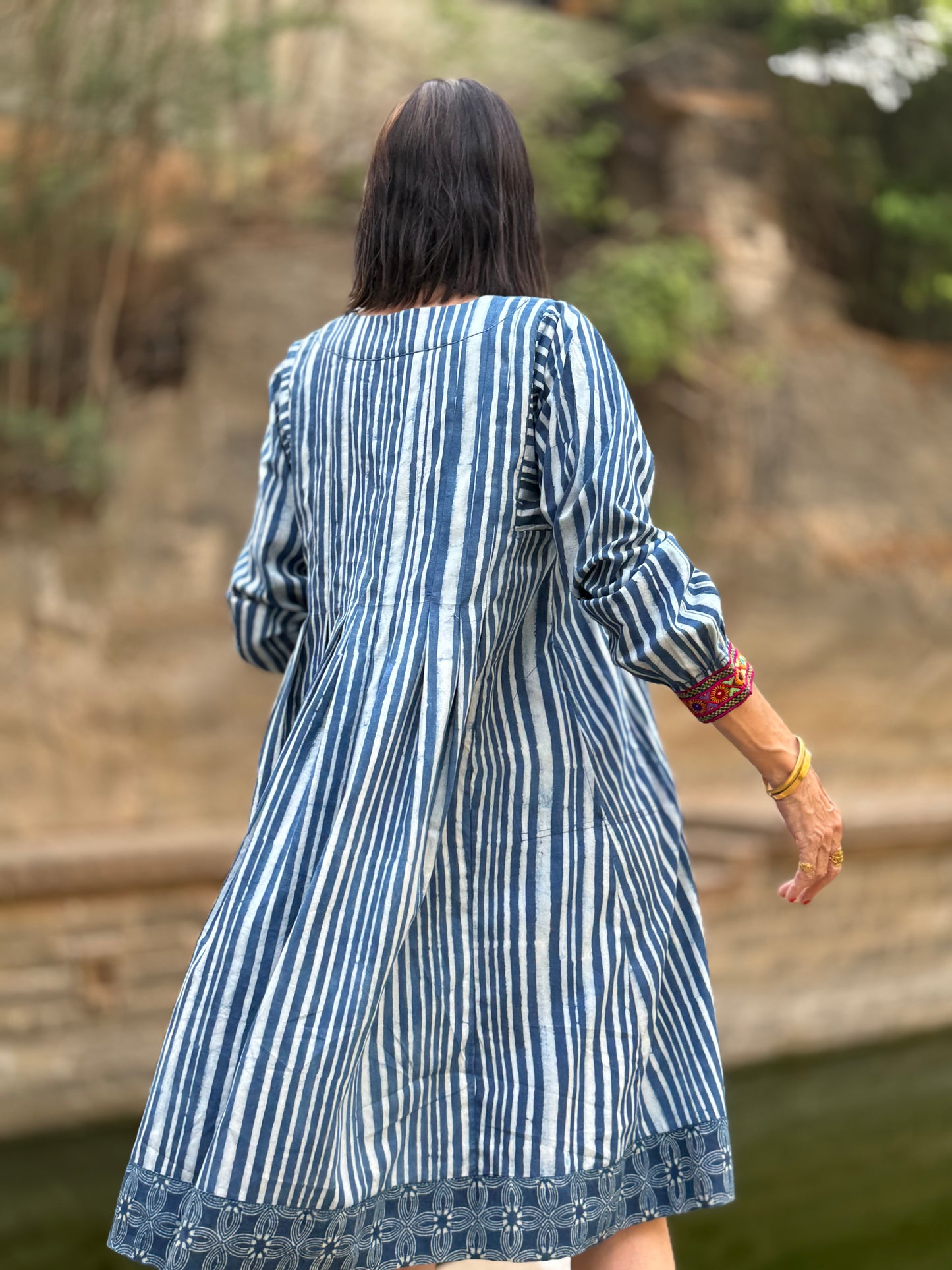 Indigo Blue Striped Cotton Dress With Hand Embroidery